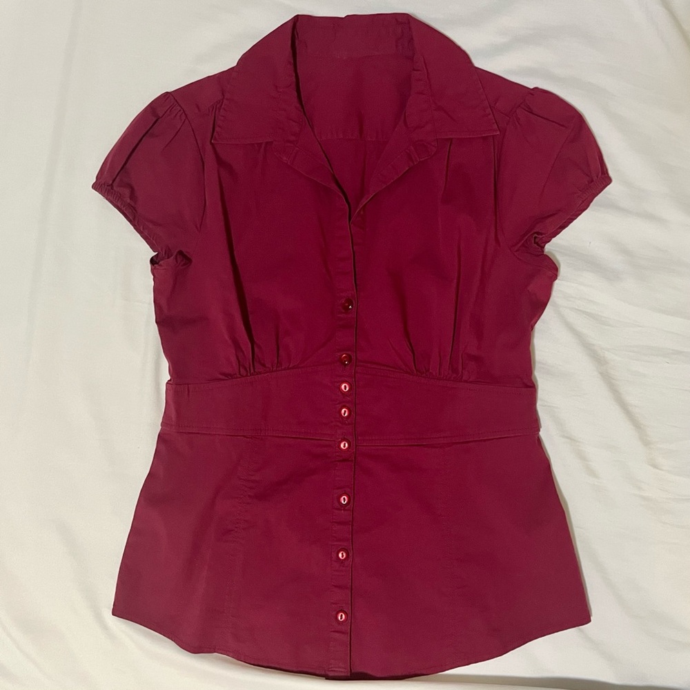 Red / Burgundy Collared Office Cap-Sleeved Blouse with Buttons Y2K Corporate